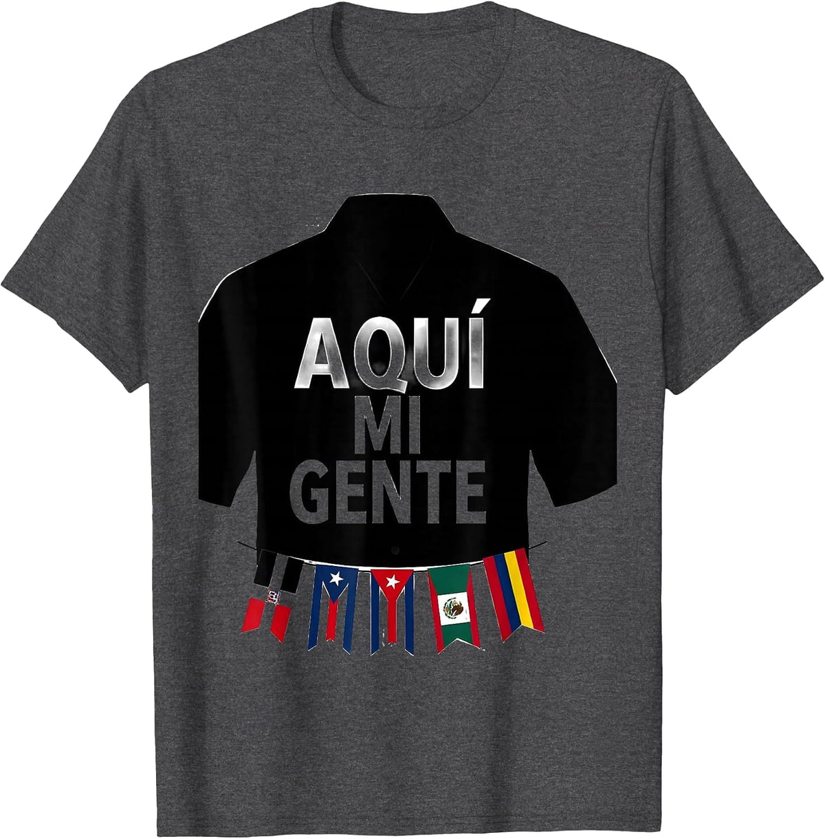 Men's Aquí Mi Gente Hispanic Heritage Month Multi-Flag Pride T-Shirt - Dark Heather Grey