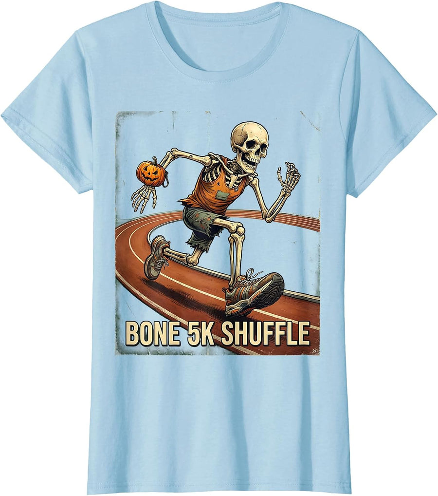 Women's Bone 5K Shuffle Vintage Skeleton Halloween Fun Run Race Day T-Shirt - Baby Blue