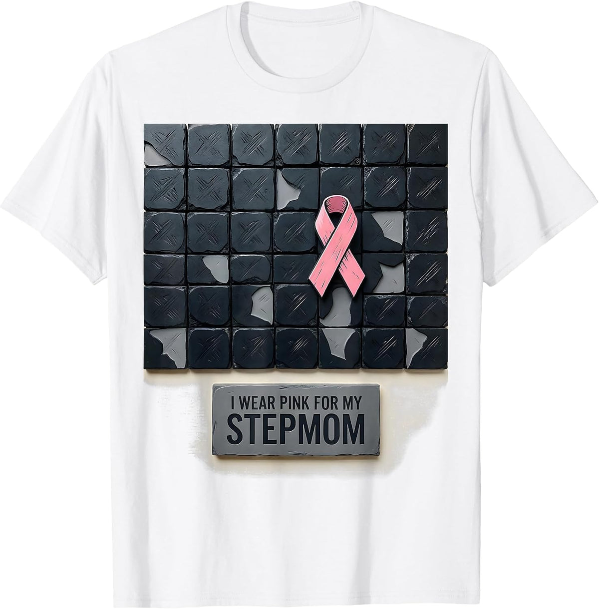 Men's I Wear Pink For My Stepmom Linocut Breast Cancer Awareness T-Shirt - White