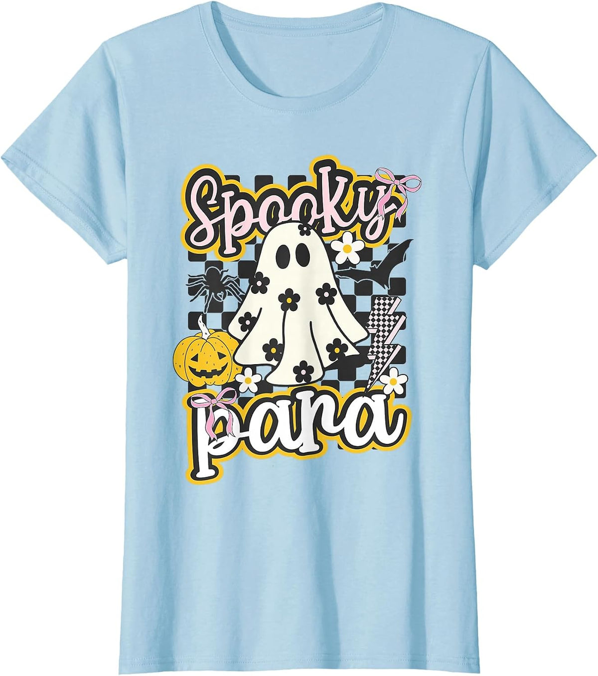 Spooky para Groovy Preppy Halloween Ghost Checkered T-Shirt - Baby Blue