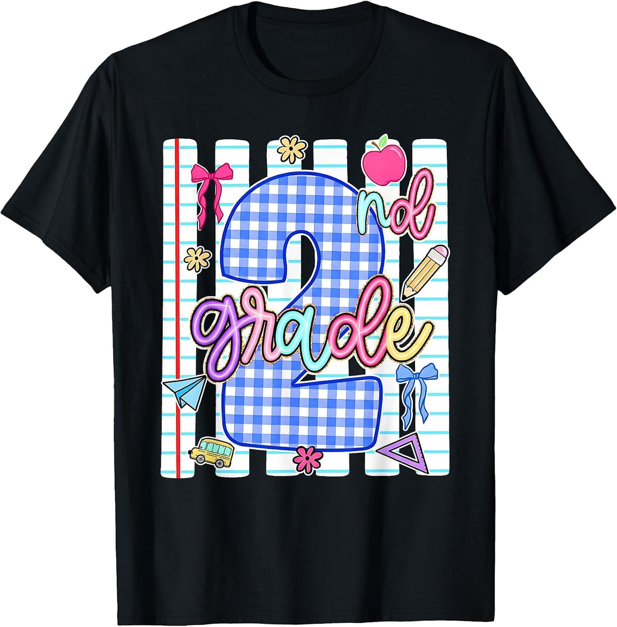 Back to School 2nd Second Grade Coquette Bow Blue Women Girl T-Shirt - Black