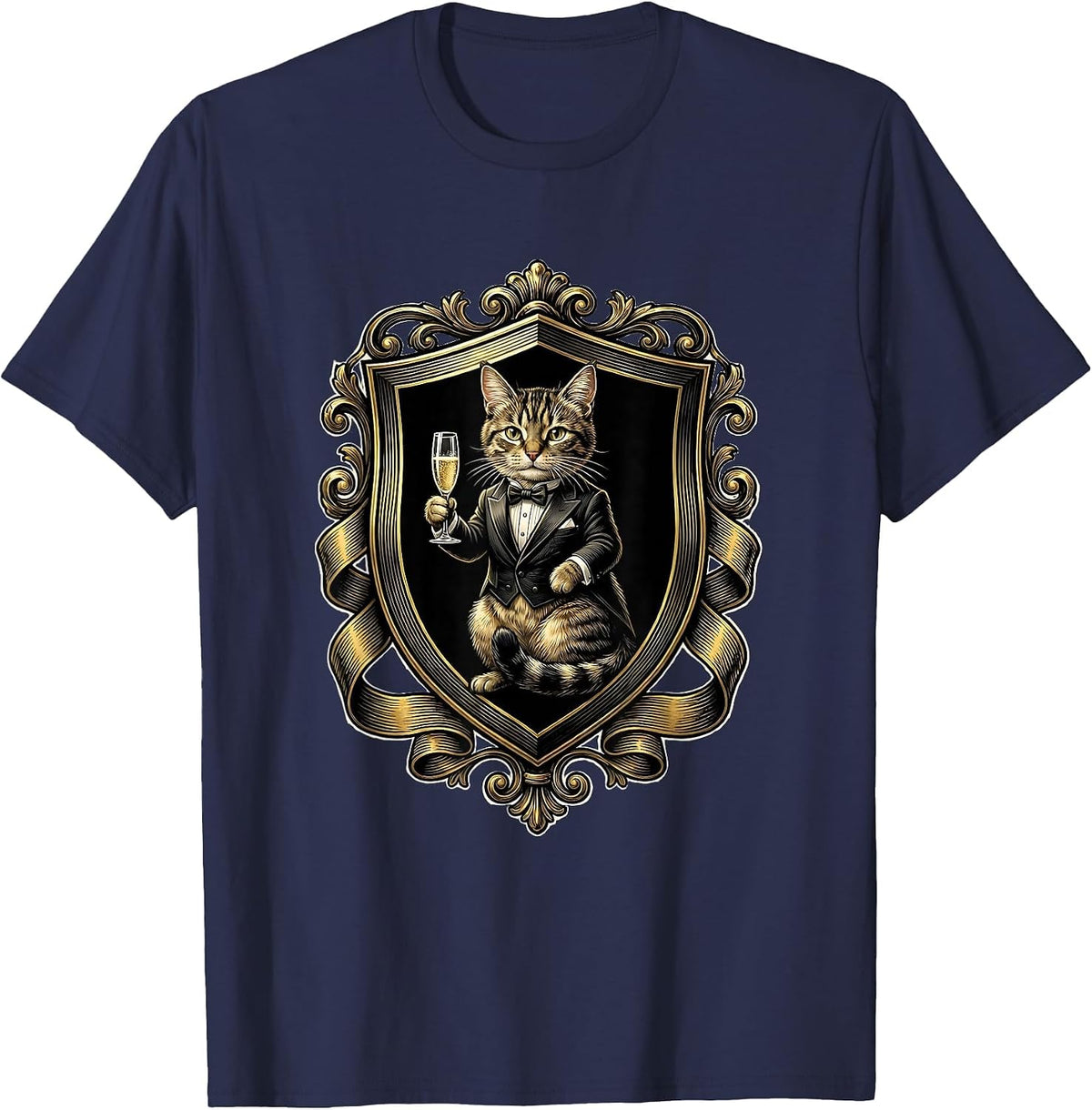 Dapper Cat in Tuxedo Champagne Celebration T-Shirt - Navy Blue