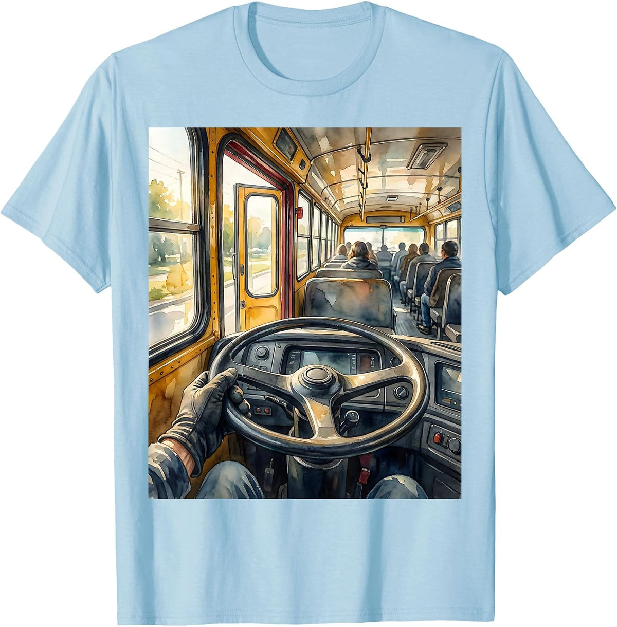 School Bus Interior Driver View Watercolor Bus Enthusiast T-Shirt - Baby Blue