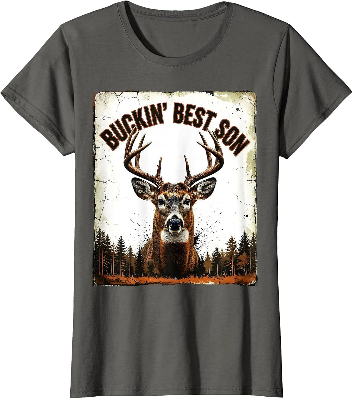 Women's Buckin Best Son Distressed Whitetail Buck Deer Hunting Dad T-Shirt - Asphalt Grey