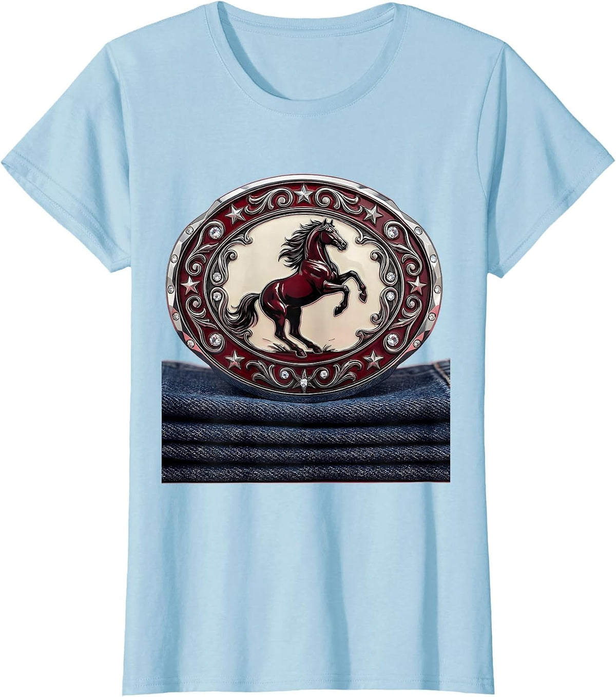 Women's Rodeo Buckle on Blue Jeans 90s Country Graphic T-Shirt - Baby Blue