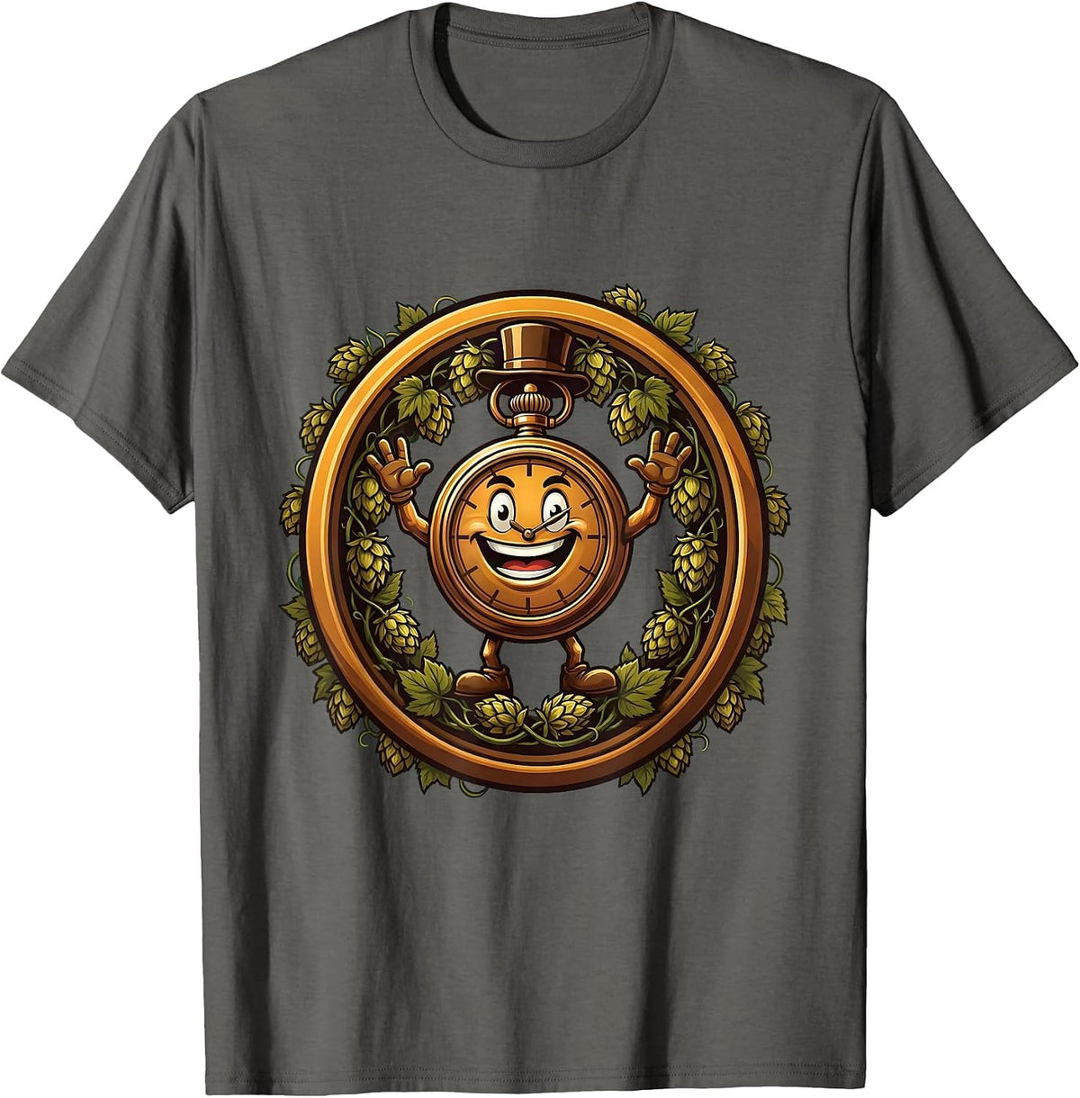 Oktoberfest Vintage Pocket Watch and Hops Design T-Shirt - Asphalt Grey