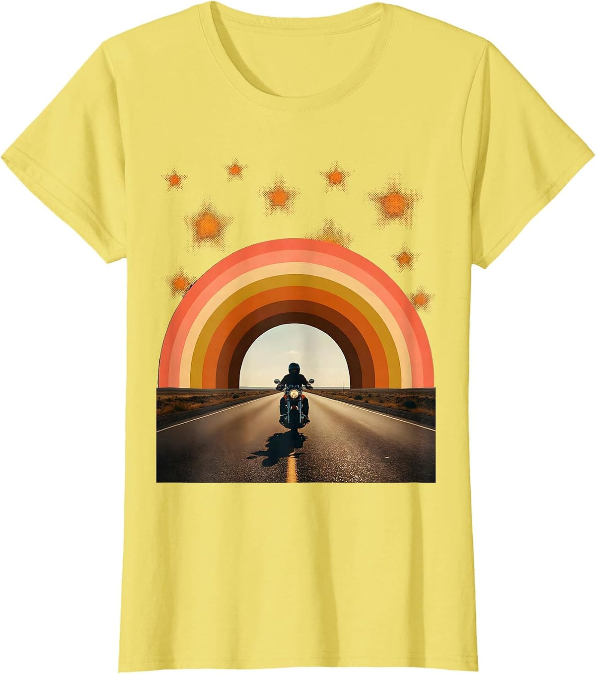 Lone Rider Starry Night Motorcycle Graphic T-Shirt - Lemon Yellow