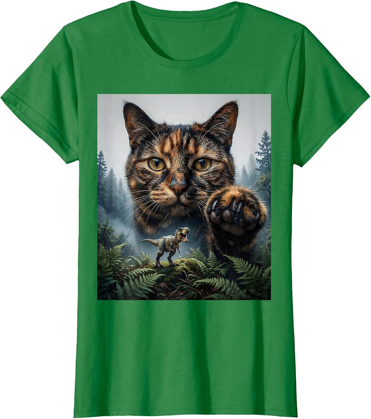 Women's Oversized Calm Tortoiseshell Cat Face Funny T-Rex Dinosaur T-Shirt - Kelly Green