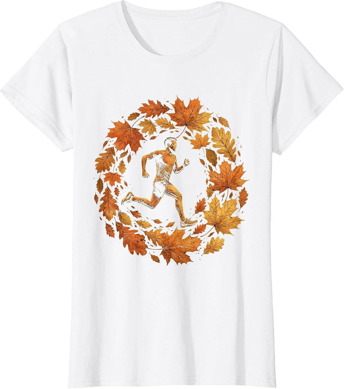 Women's Runner Silhouette Falling Autumn Leaves Design T-Shirt - White