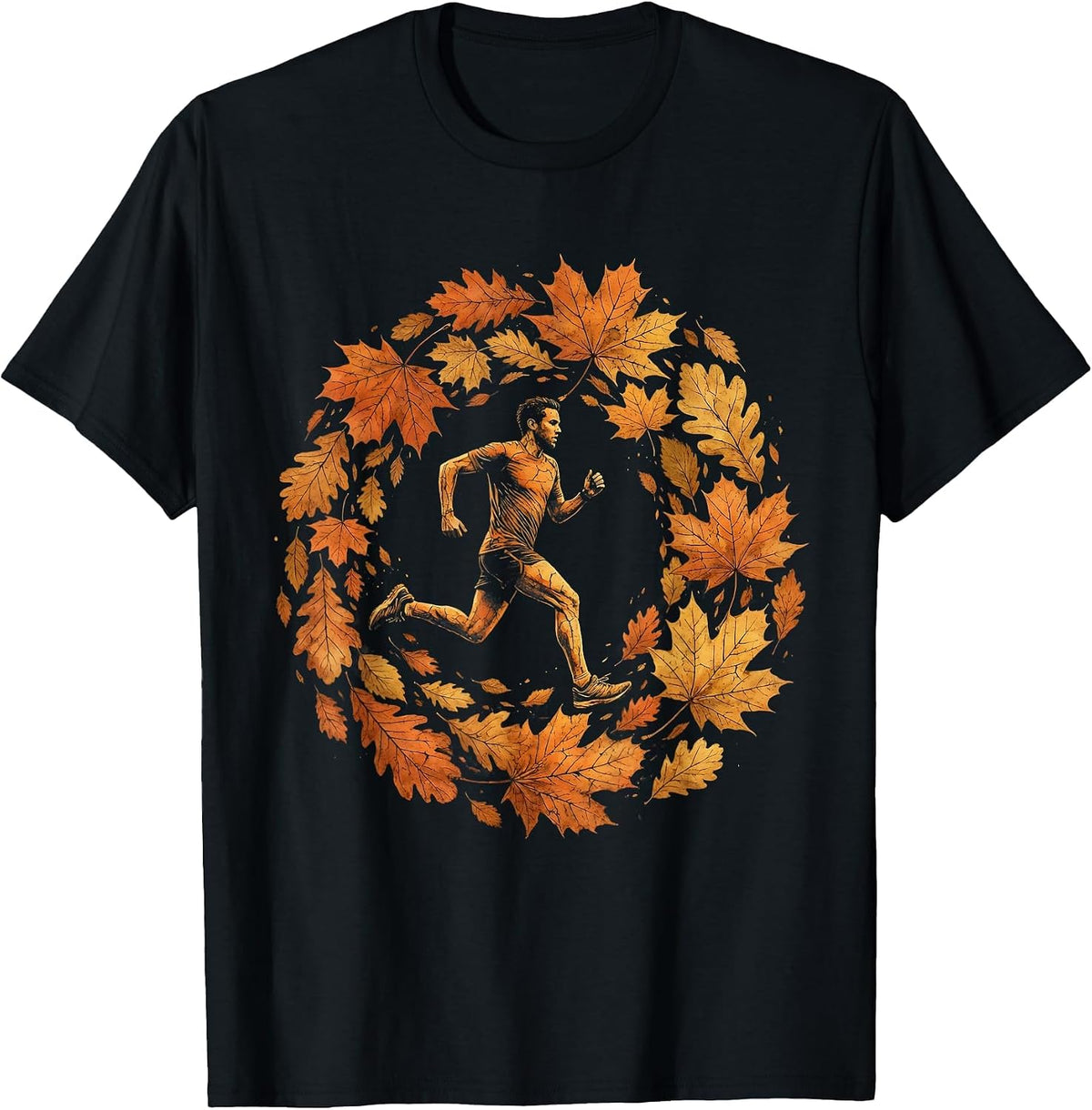Men's Runner Silhouette Falling Autumn Leaves Design T-Shirt - Black