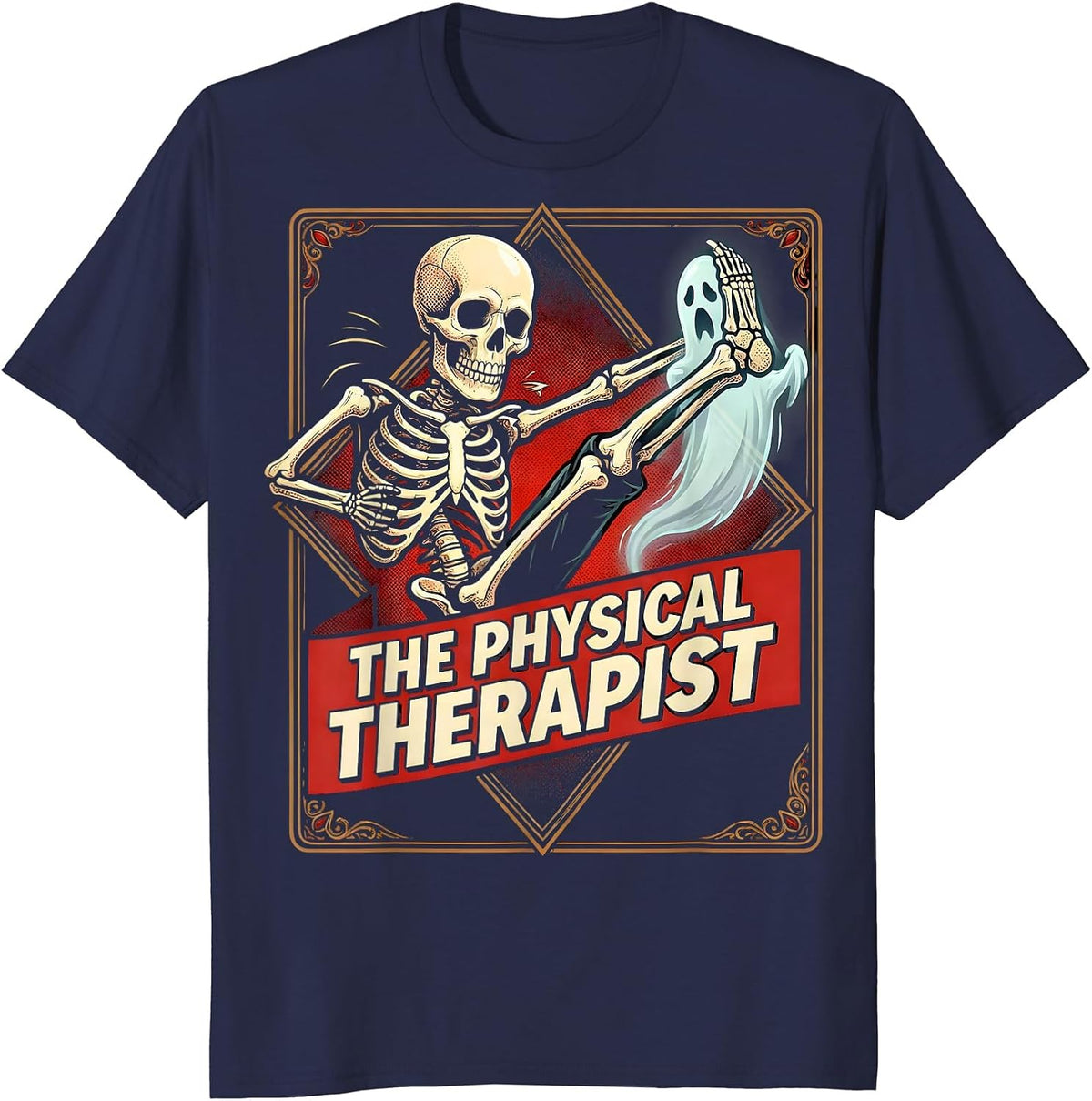 Men's The Physical Therapist Pop Art Tarot Card Skeleton Humor T-Shirt - Navy Blue