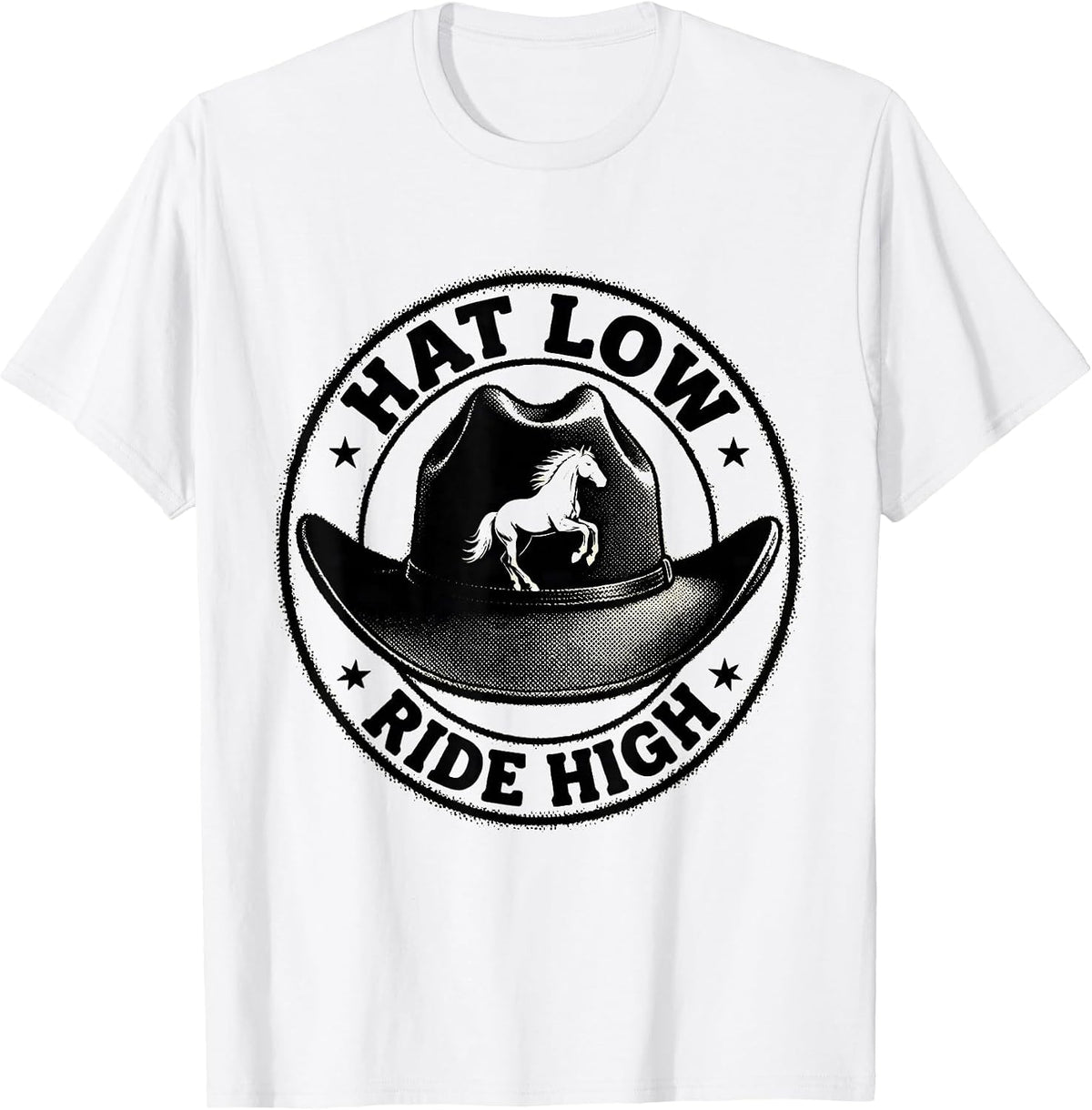 Men's Hat Low Ride High Cowboy Western Design T-Shirt - White