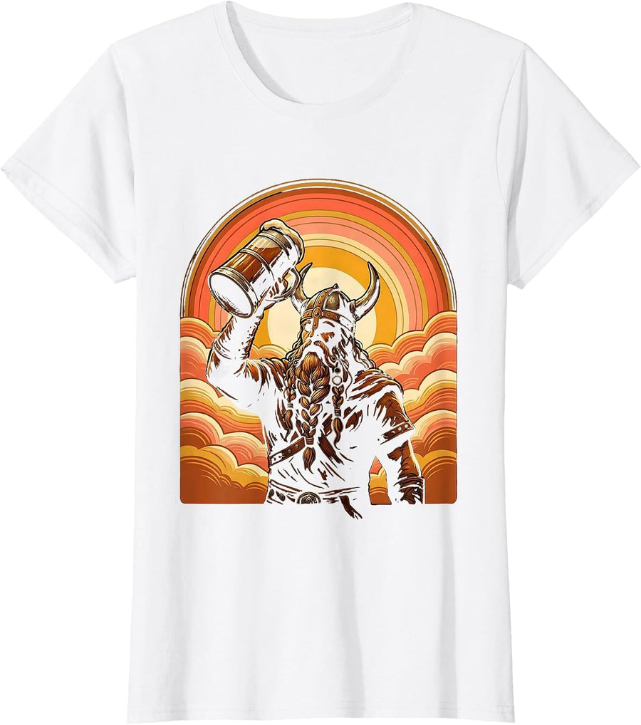 Women's Viking Mead Horn Braided Beard Illustration T-Shirt - White