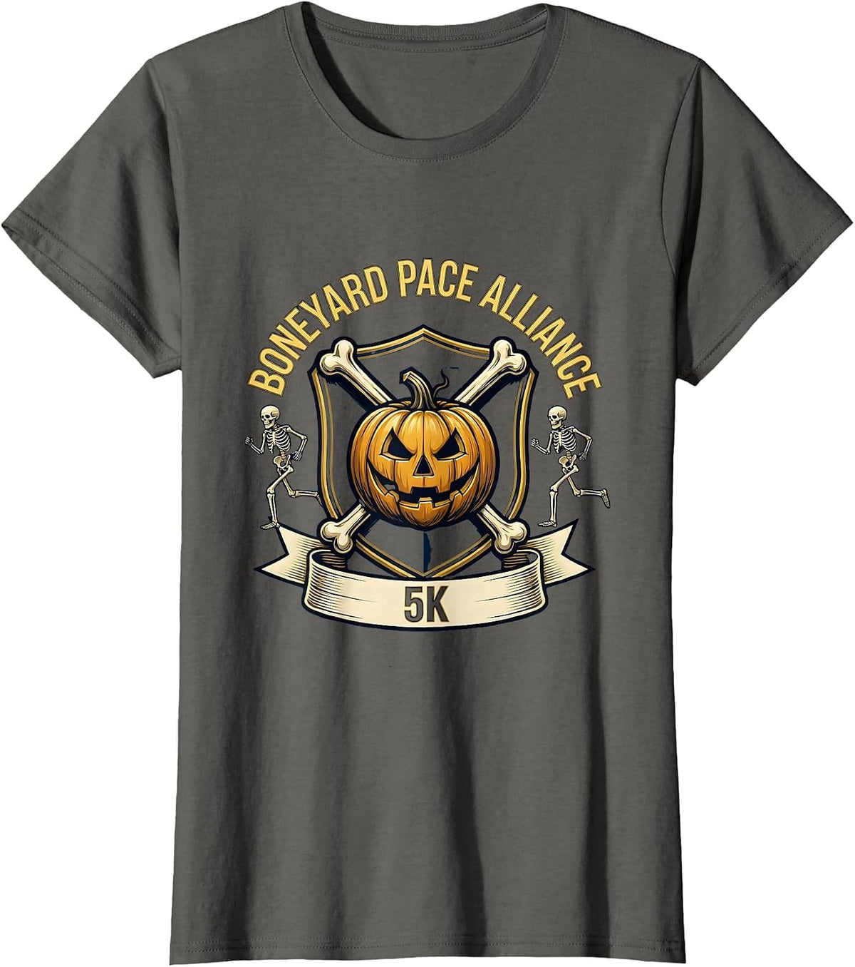 Women's Boneyard Pace Alliance 5K Funny Skeleton Halloween Runner T-Shirt - Asphalt Grey