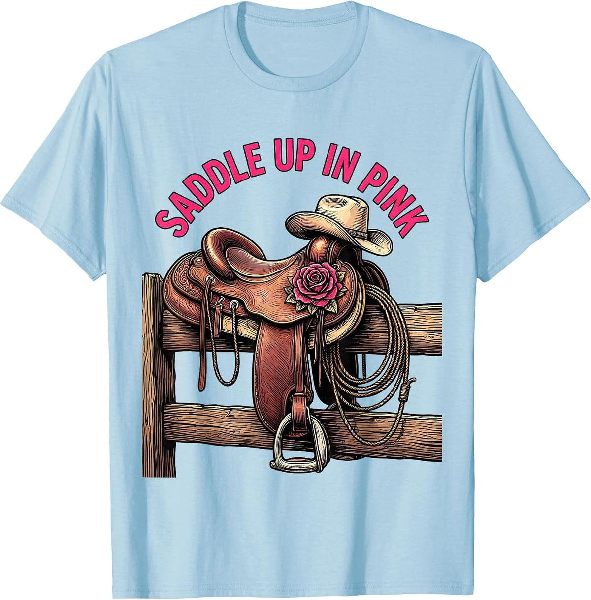 Men's Saddle Up In Pink Western Cowgirl Design T-Shirt - Baby Blue