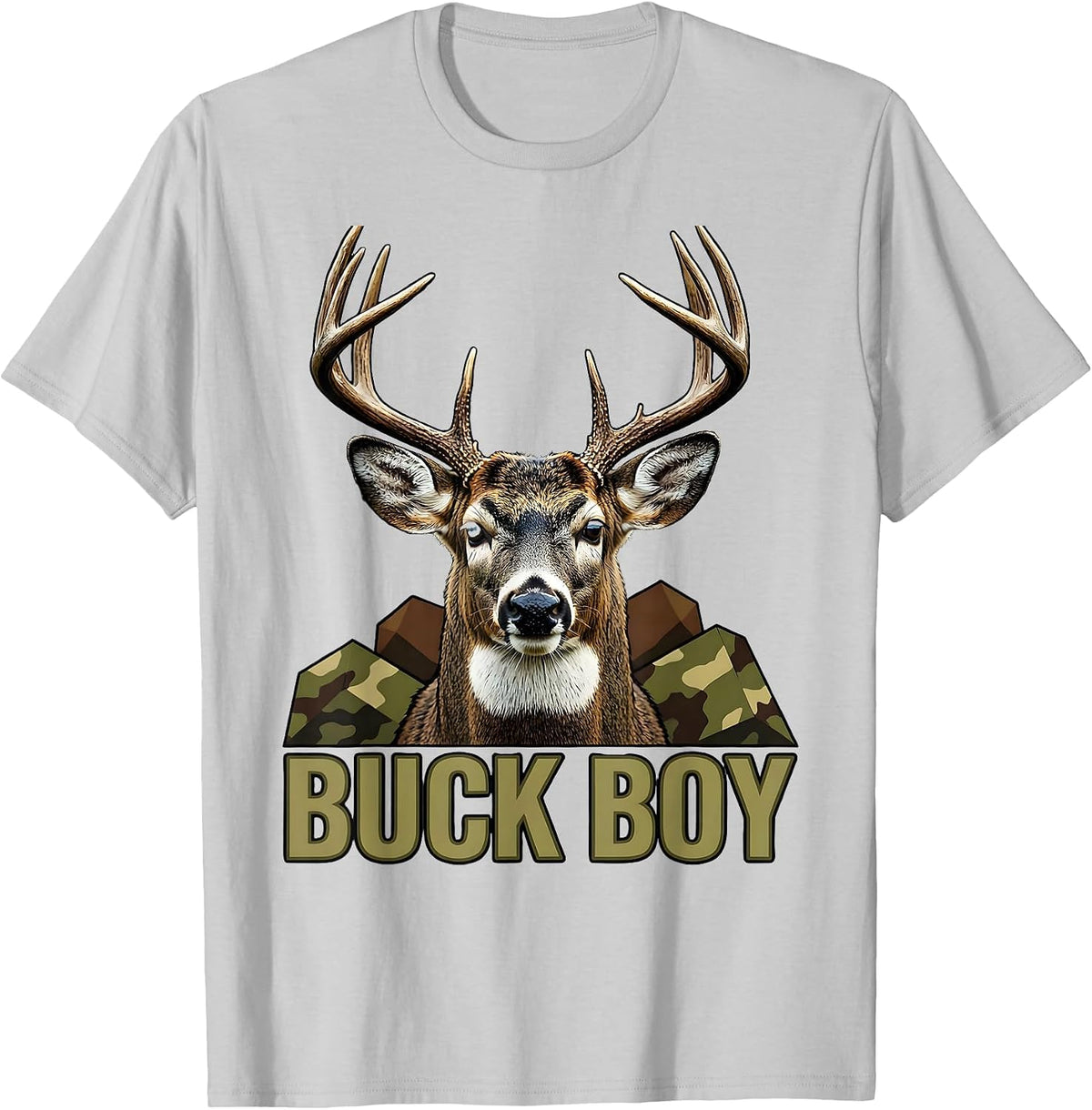 Men's Buck Boy Screenprint Camo Deer Hunting Youth Humor T-Shirt - Silver Grey