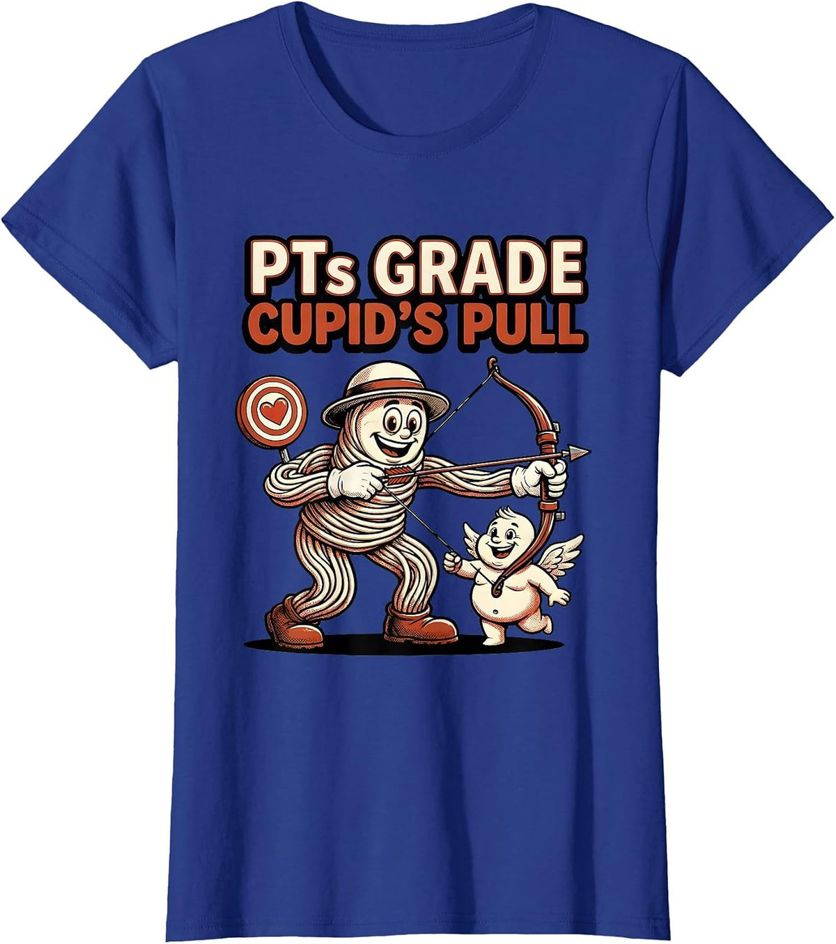Women's PTs Grade Cupid's Pull Retro Cartoon Physical Therapist T-Shirt - Royal Blue