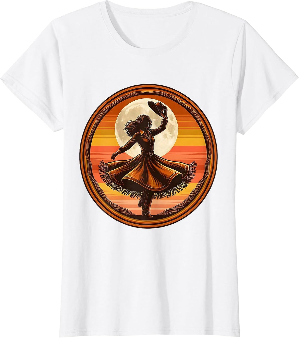 Women's Cowgirl Silhouette Twirling Under Full Moon T-Shirt - White