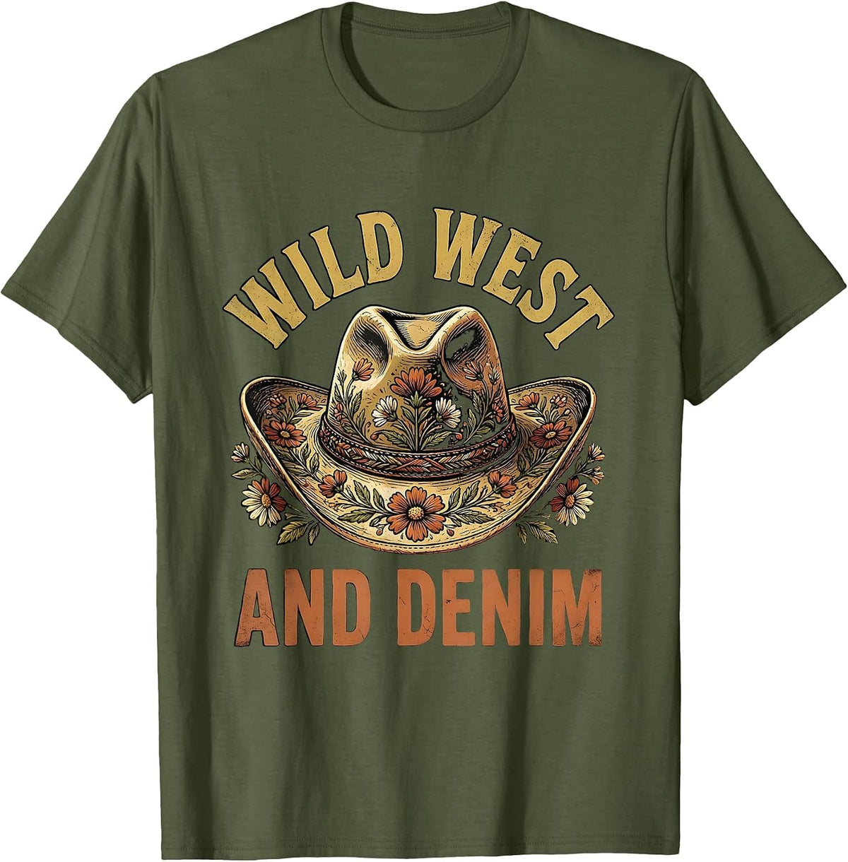 Wild West Denim Cowgirl Graphic Design T-Shirt - Olive Green