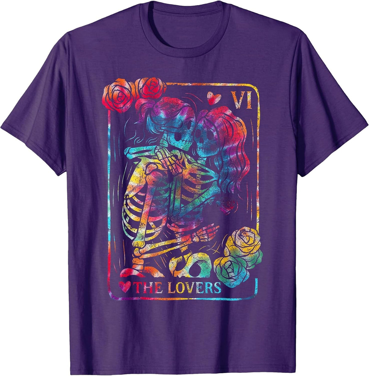The Lovers Tarot Card Gothic Occult Kissing Skeleton Roses T-Shirt - Purple