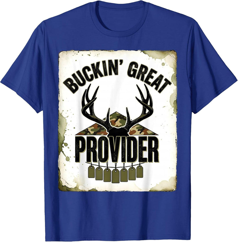 Buckin' Great Provider Vintage Camo Dad Deer Hunting Humor T-Shirt - Royal Blue