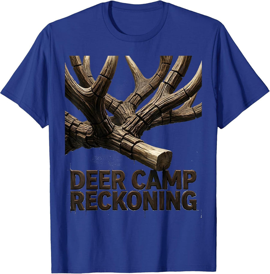 Deer Camp Reckoning Wood Type Letterpress Camo Deer Hunting T-Shirt - Royal Blue