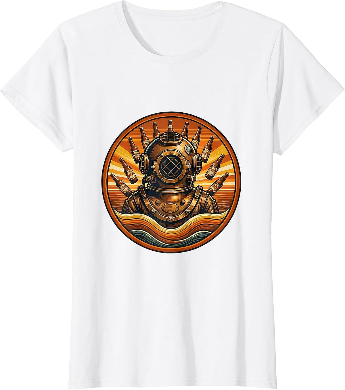 Deep Sea Diver Beer Bottles Illustration T-Shirt - White