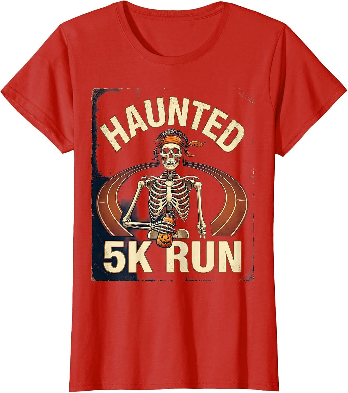 Haunted 5K Run Vintage Skeleton Funny Halloween 5K Runner T-Shirt - Red