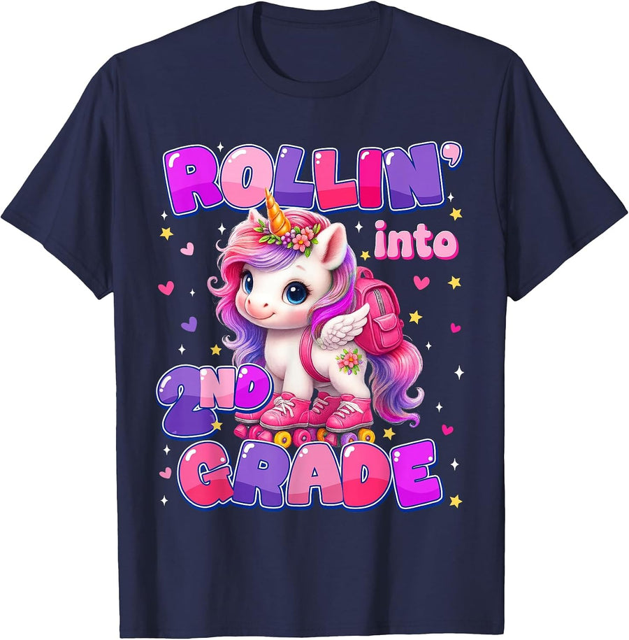 Rolling Into 2nd Grade Unicorn First Day of School Girls T-Shirt - Navy Blue