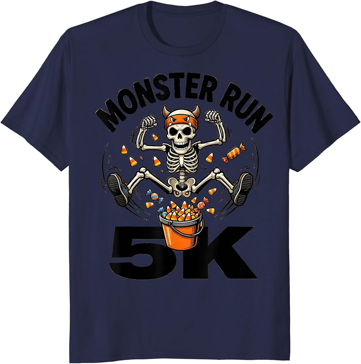 Men's Monster Run 5K Cartoon Skeleton Runner Halloween Fun Run T-Shirt - Navy Blue