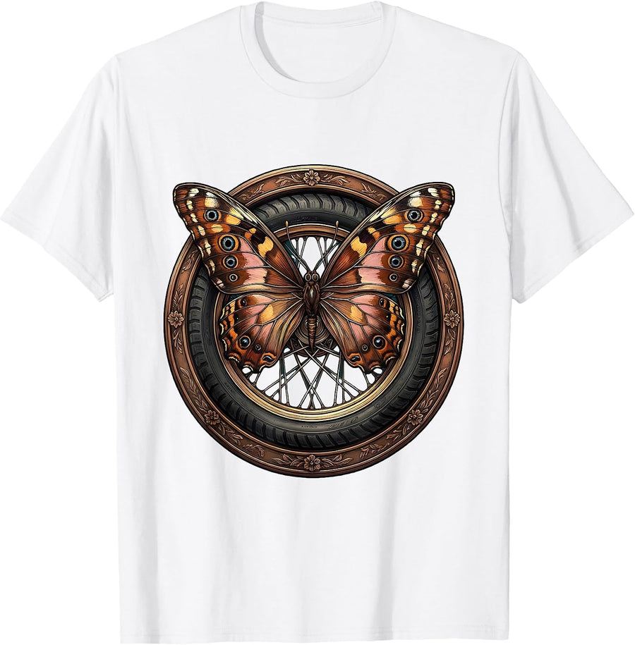 Men's Butterfly Wings Motorcycle Wheel Graphic Tee T-Shirt - White
