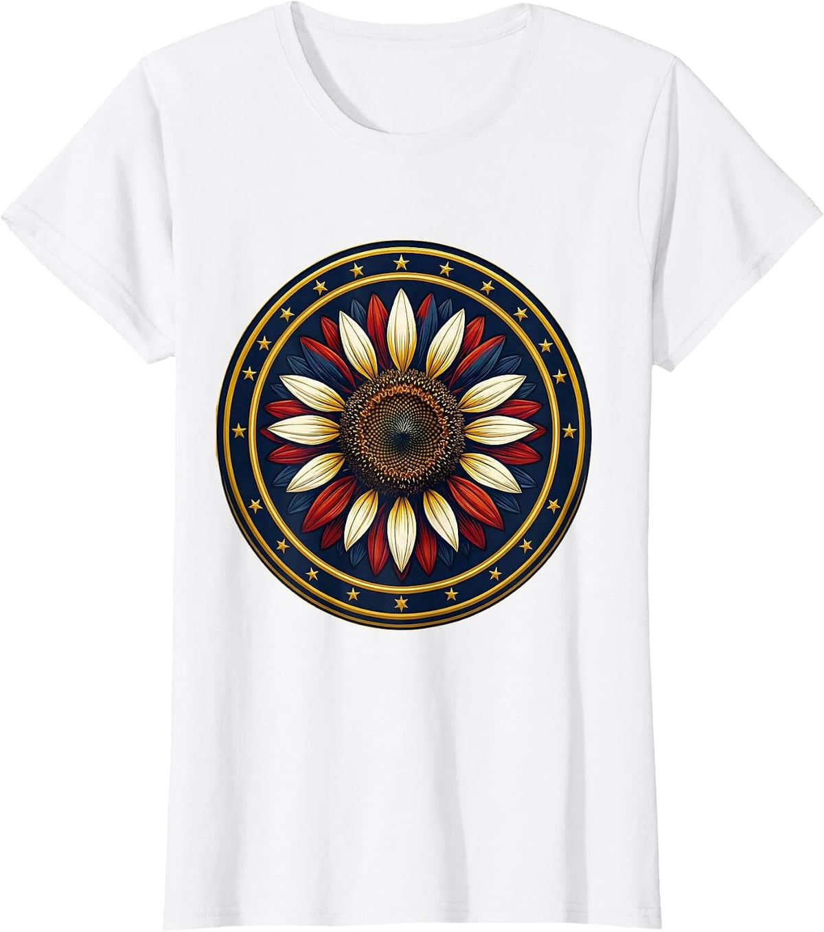 Red White and Blue Sunflower Patriotic Floral T-Shirt - White