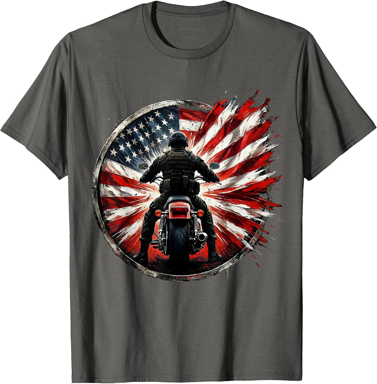 American Flag Motorcycle Rider Patriotic Graphic T-Shirt - Asphalt Grey