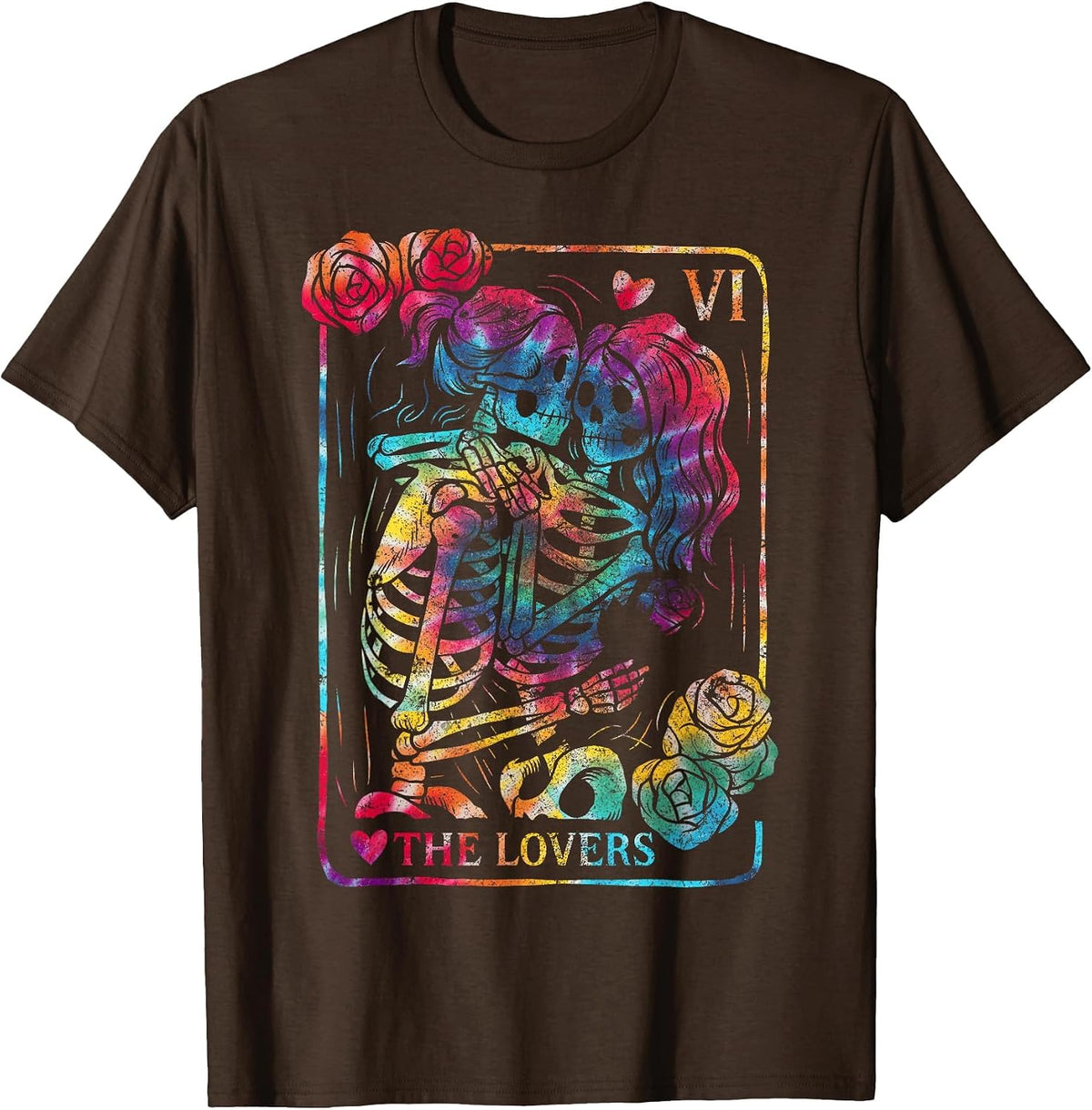 The Lovers Tarot Card Gothic Occult Kissing Skeleton Roses T-Shirt - Brown