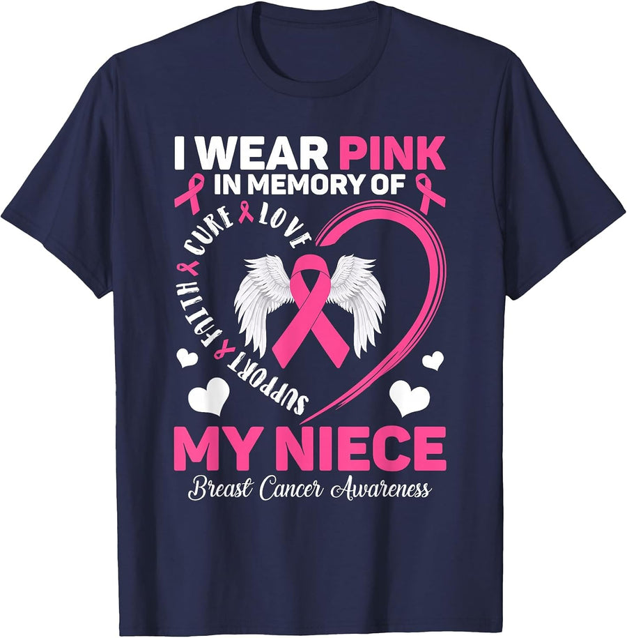 I Wear Pink in Memory of My Niece Breast Cancer Awareness T-Shirt - Navy Blue