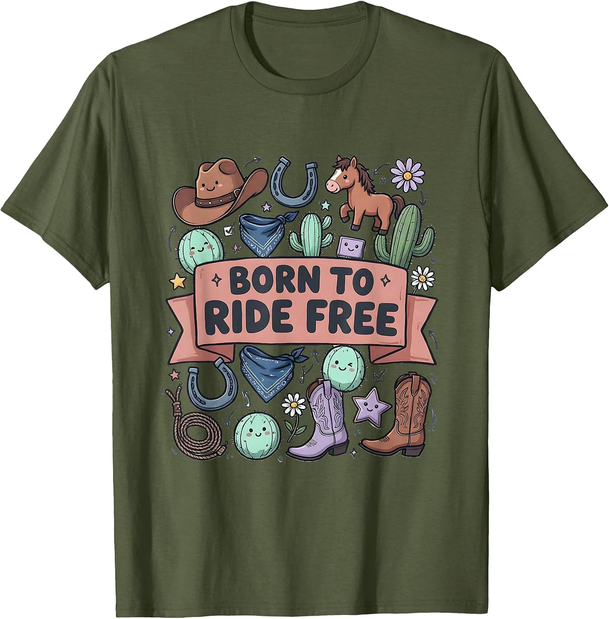 Born to Ride Free Denim Cowgirl Design T-Shirt - Olive Green