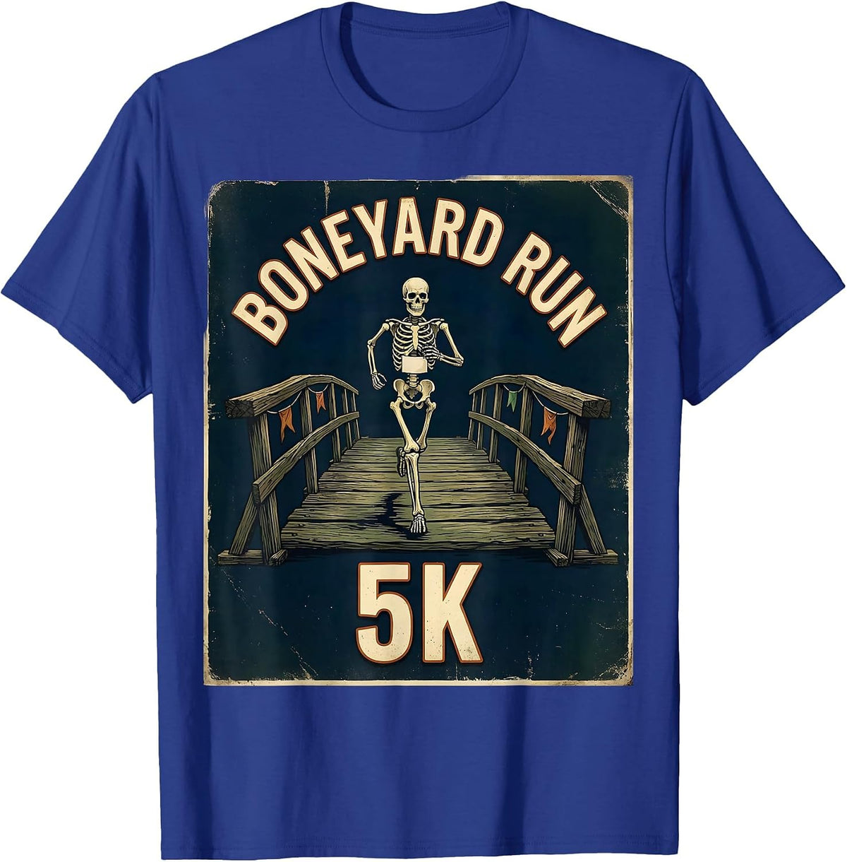 Boneyard Run 5K Vintage Skeleton Runner Halloween Fun Run T-Shirt - Royal Blue