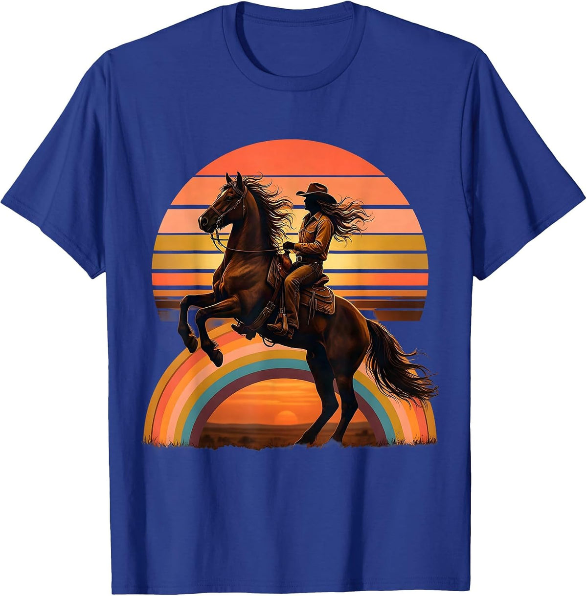 Cowgirl Riding Rearing Stallion Western Art T-Shirt - Royal Blue