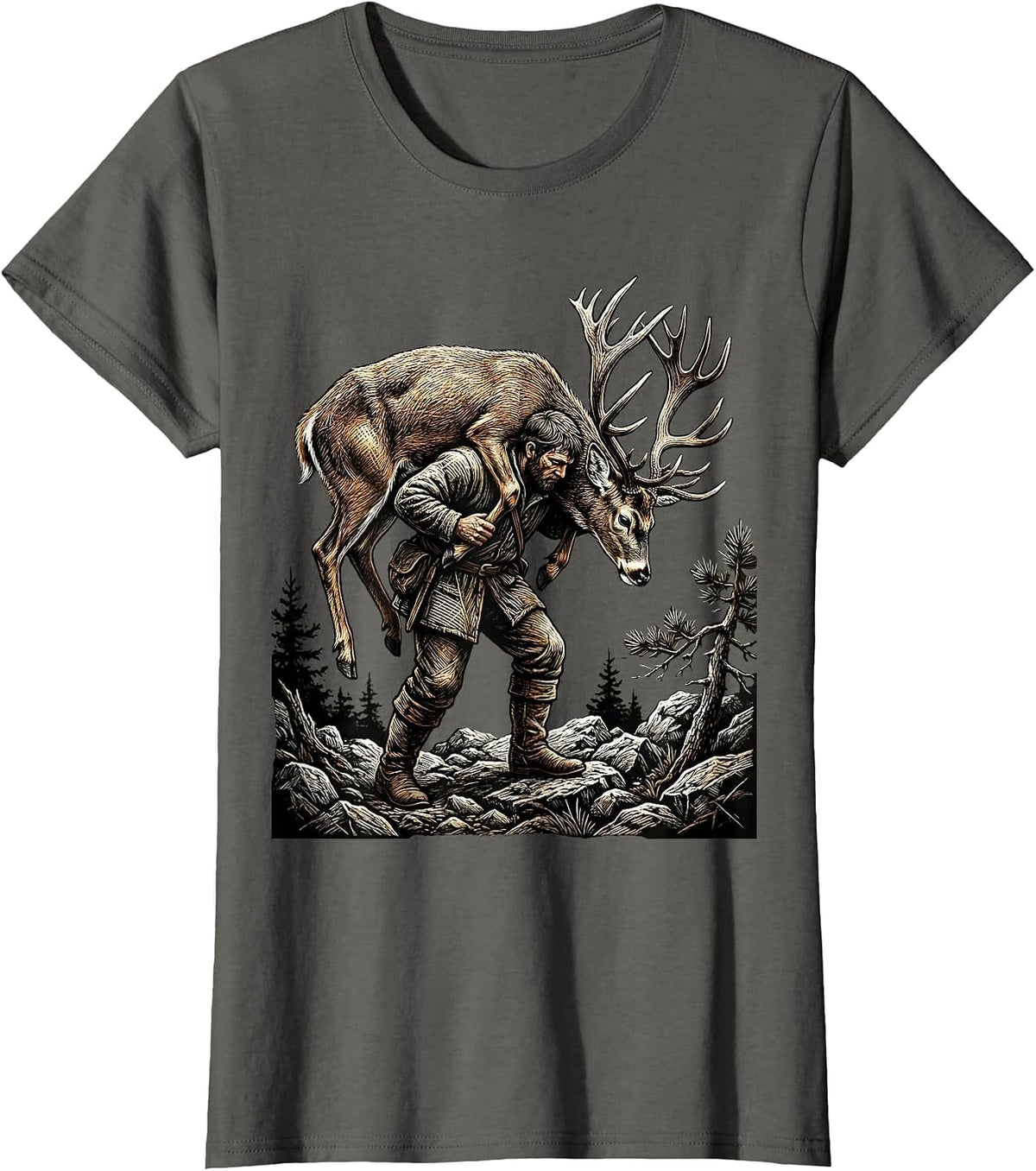 Women's Deer Carrier Rugged Terrain Hunting Illustration T-Shirt - Asphalt Grey