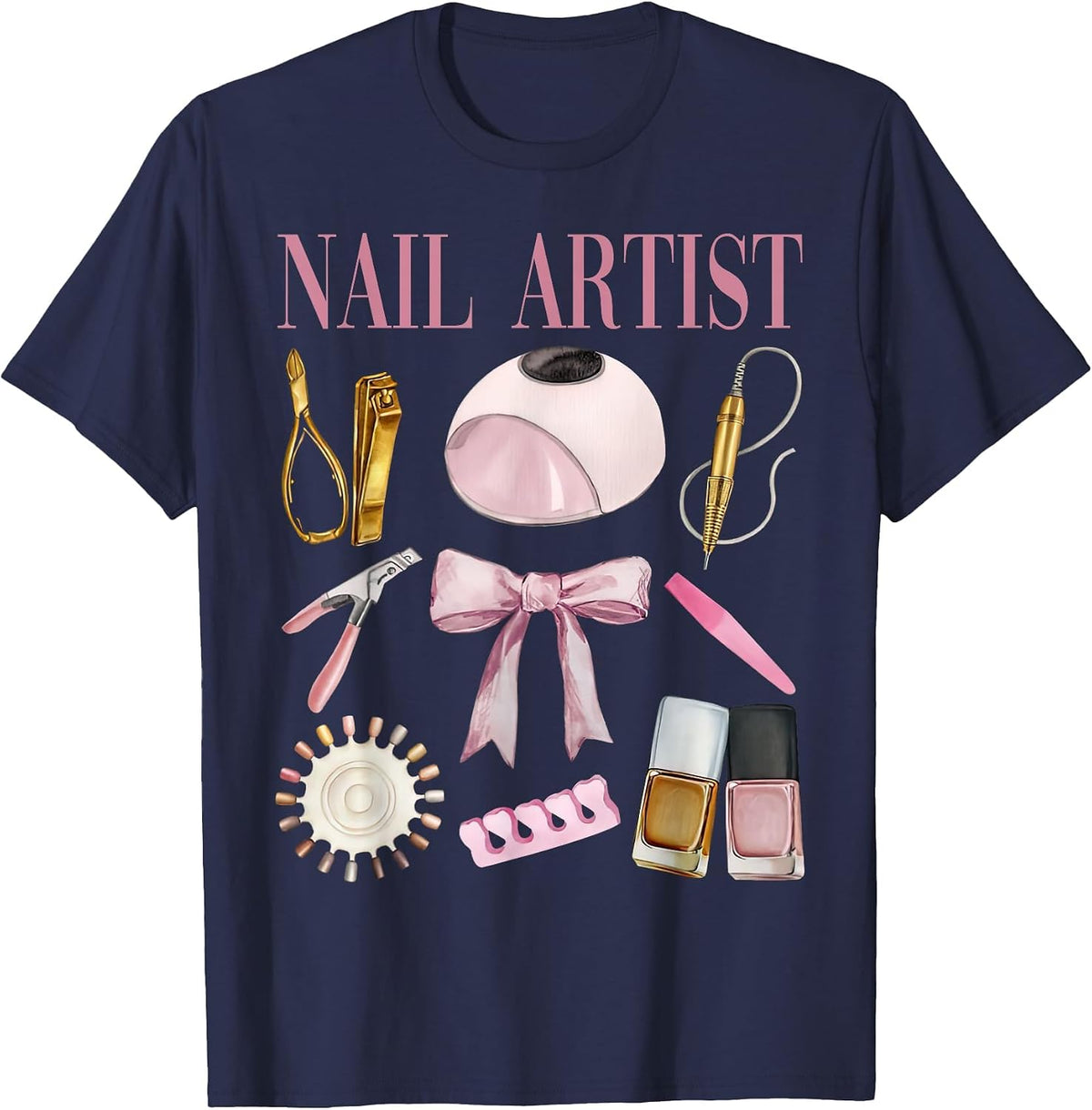 Vintage Coquette Bow Aesthetic Nail Tech Nail Technician T-Shirt - Navy Blue