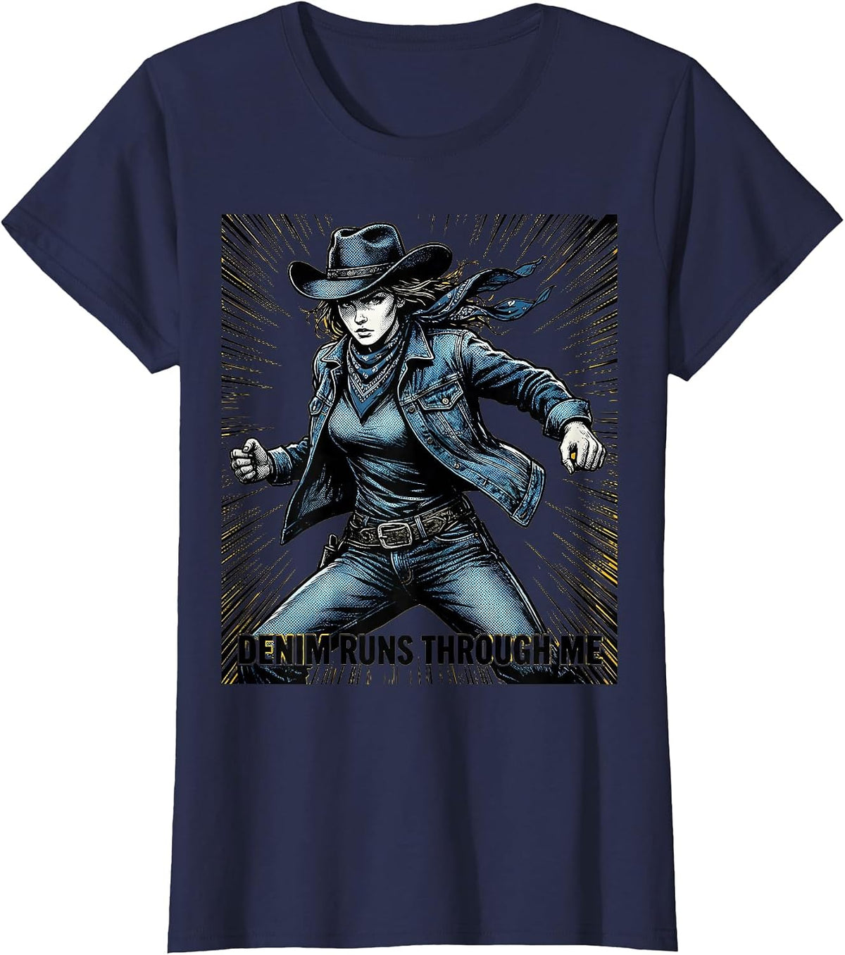 Women's Denim Runs Through Me Western Girls Design T-Shirt - Navy Blue