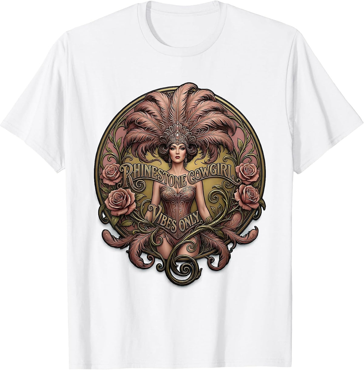 Rhinestone Cowgirl Vibes Only Showgirl Design T-Shirt - White