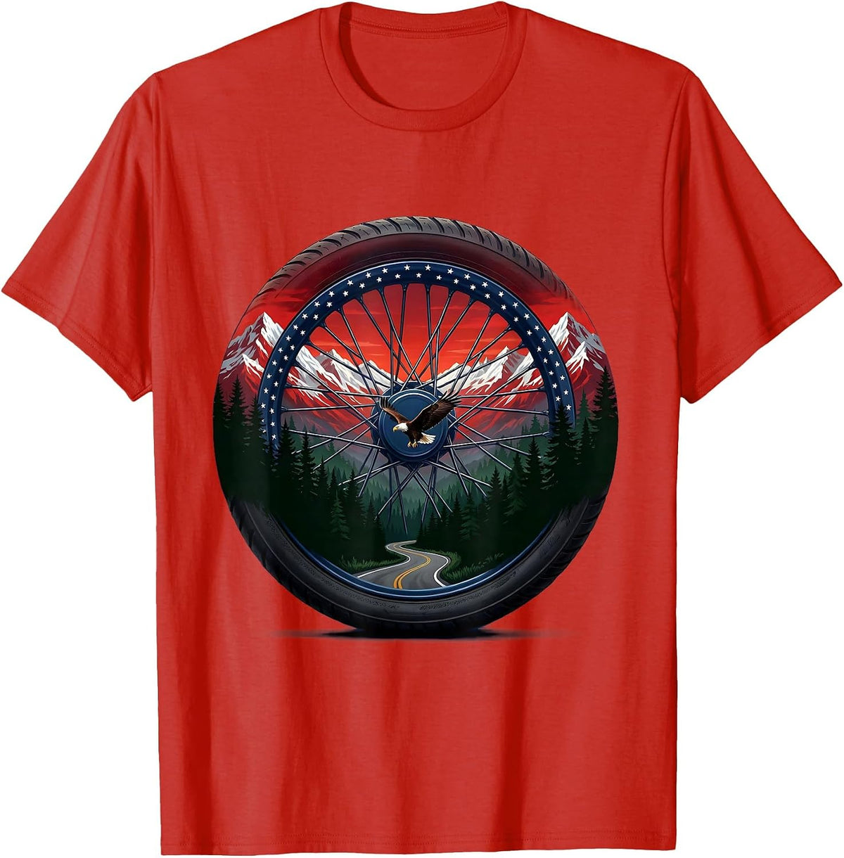 Men's American Flag Motorcycle Wheel Spinning Road T-Shirt - Red