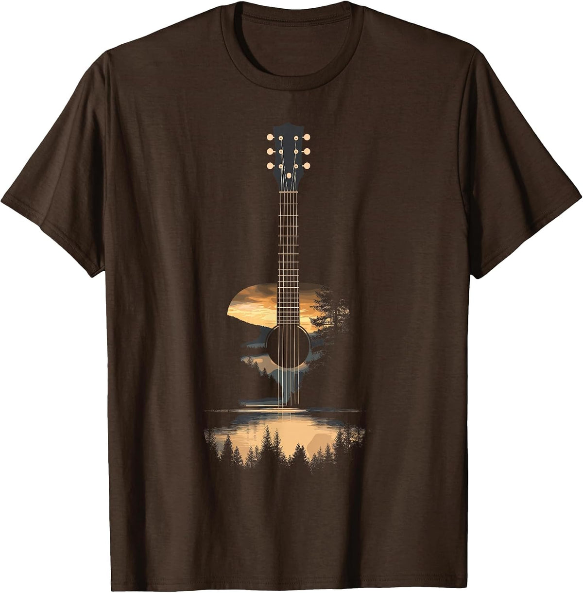 Sunset Acoustic Guitar Scenic Nature Art T-Shirt - Brown