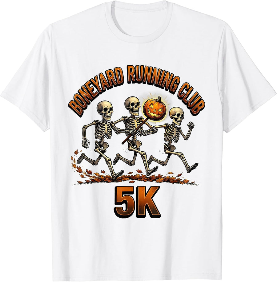 Men's Boneyard Running Club 5K Funny Halloween Skeleton Runner 5K T-Shirt - White