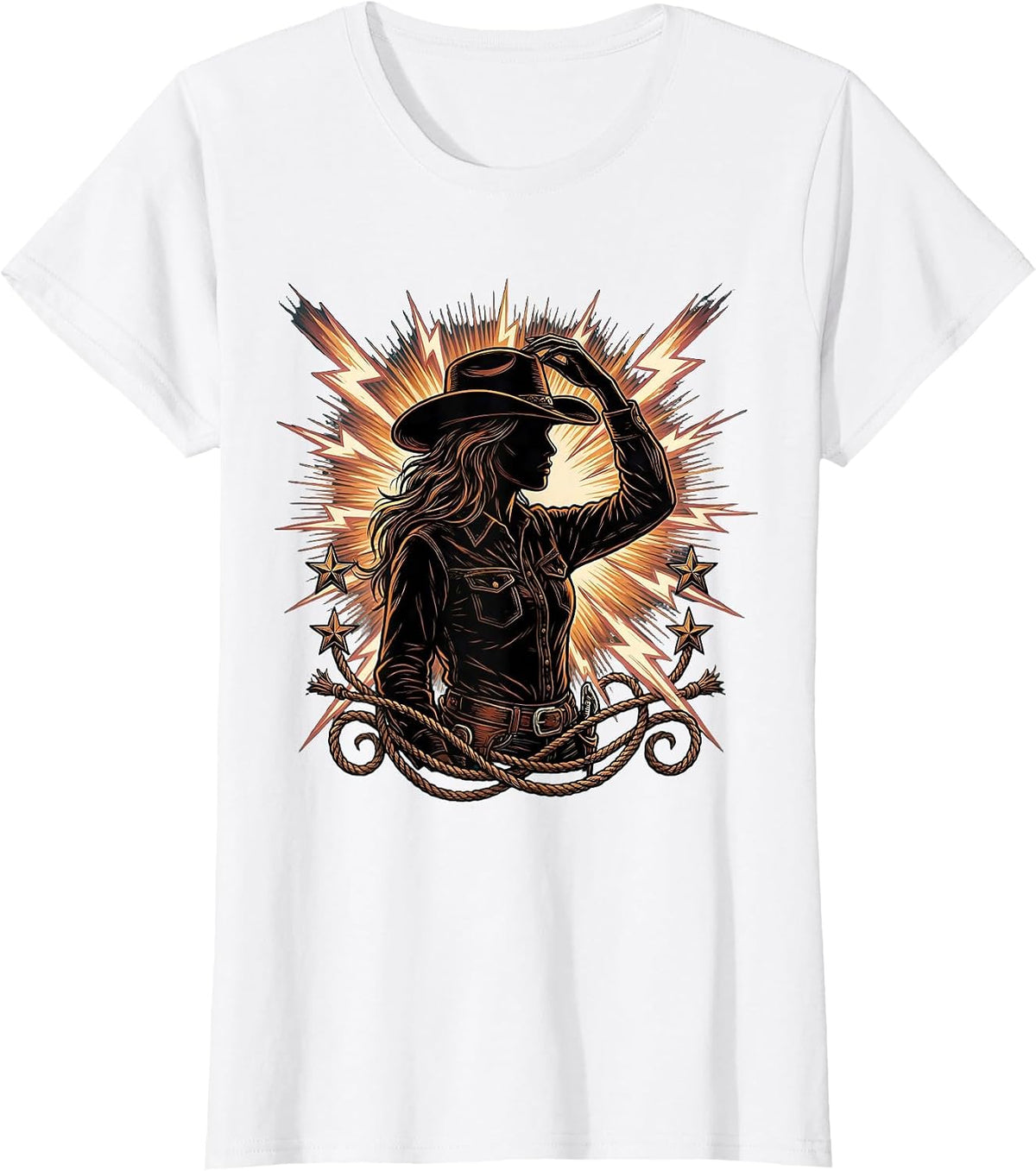 Women's Cowgirl Tipping Hat Lightning Bolt Illustration T-Shirt - White