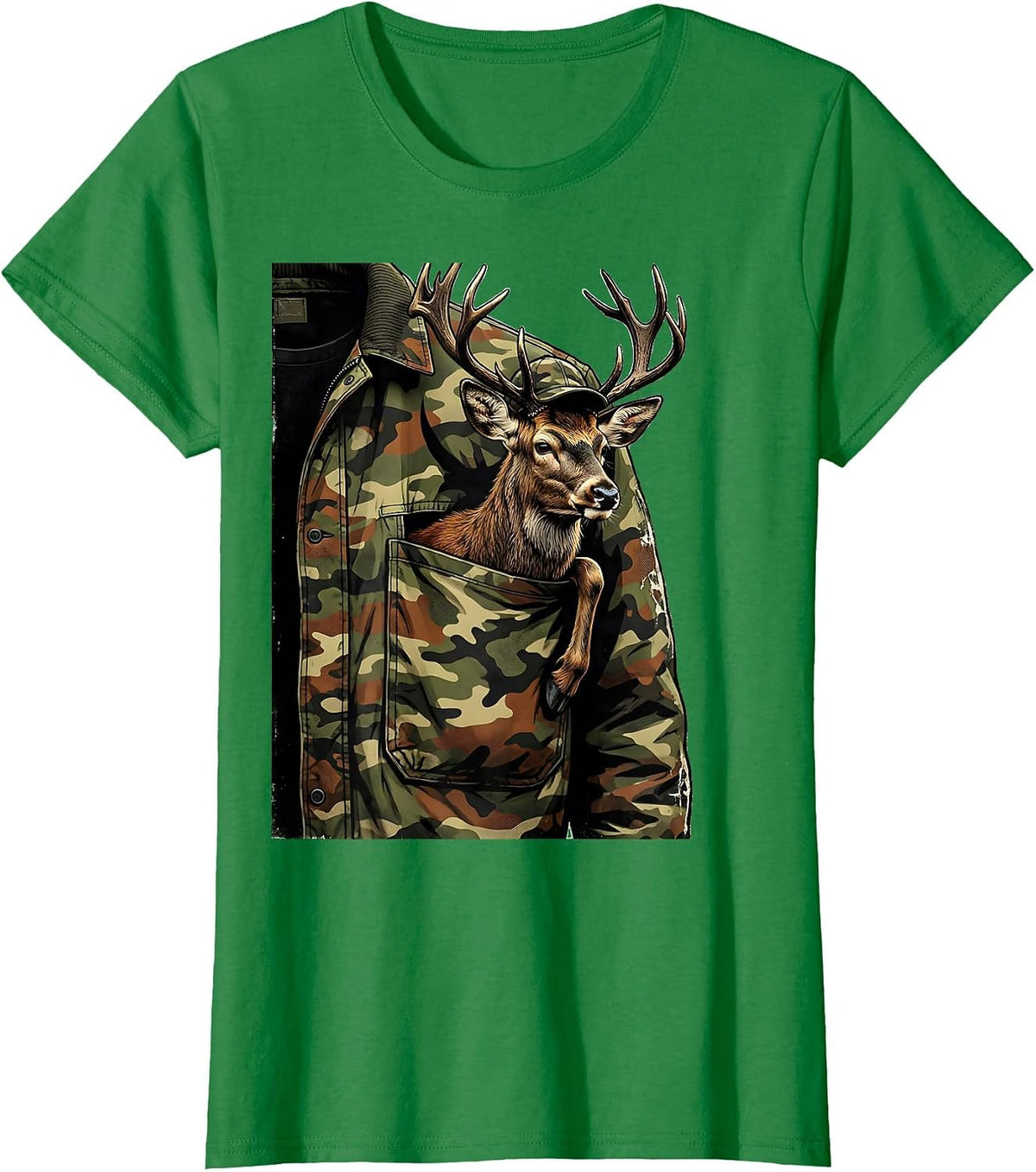 Women's Reclining Buck Distressed Camo Deer Hunting Gift T-Shirt - Kelly Green