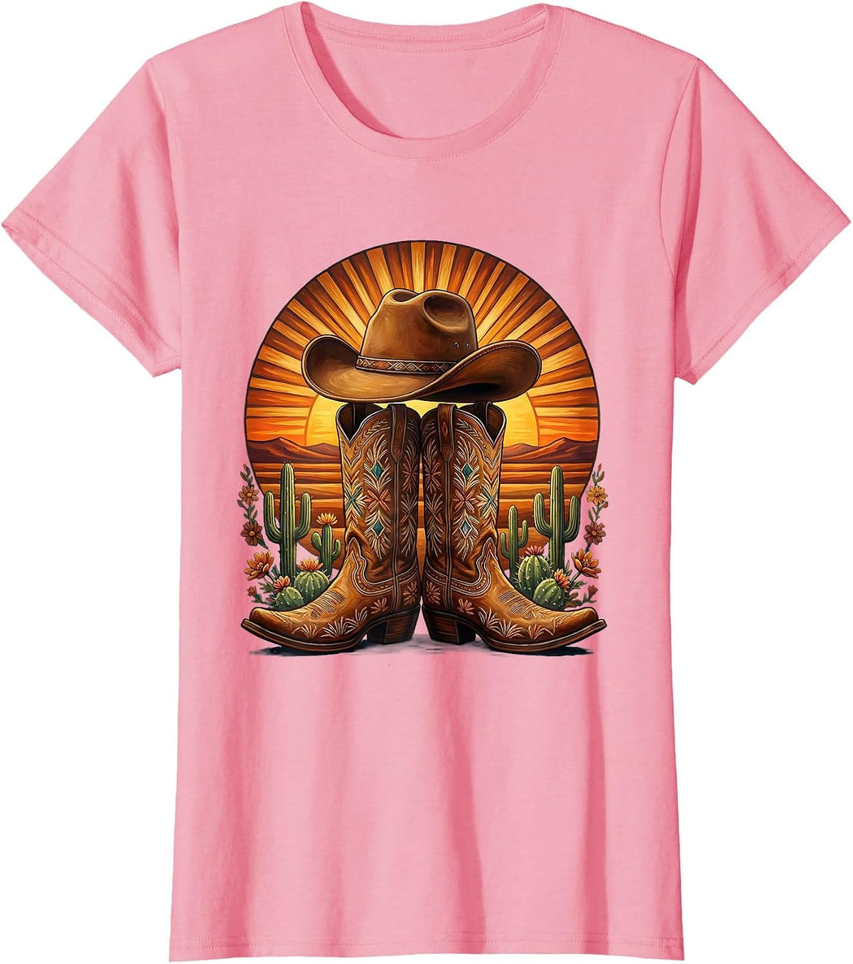 Women's Cowgirl Boots and Hat Desert Sunset Graphic T-Shirt - Pink