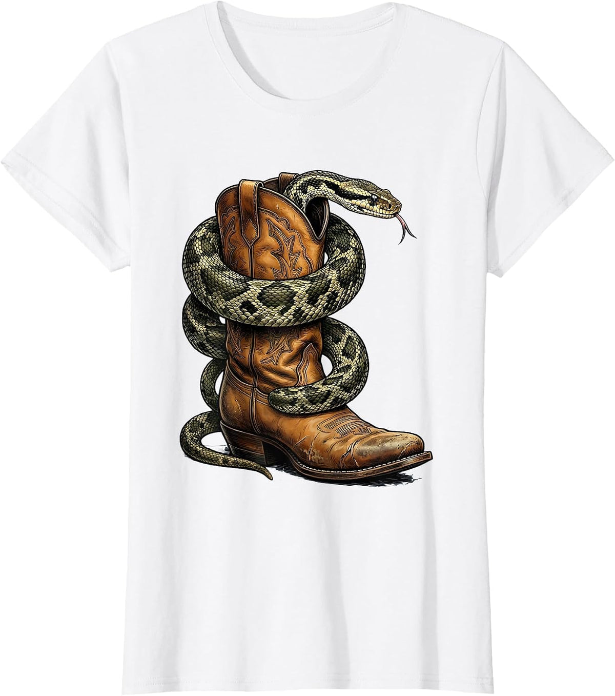 Snake Coiled Cowboy Boot Cowgirl Western Graphic T-Shirt - White