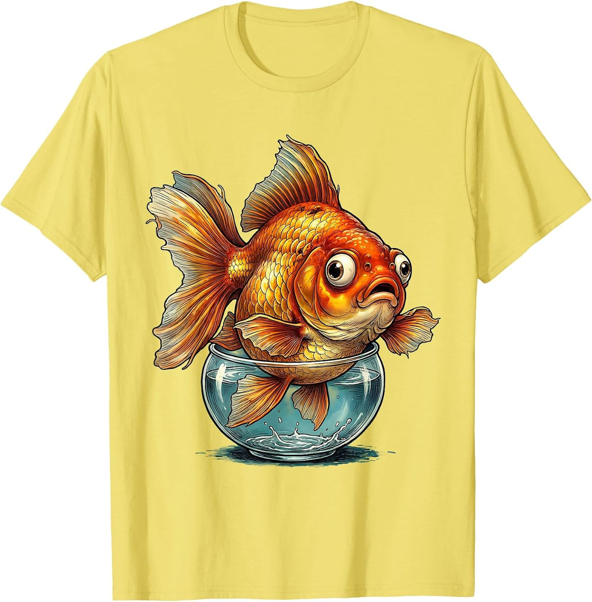 Men's Giant Goldfish Small Fishbowl Big Little Design T-Shirt - Lemon Yellow